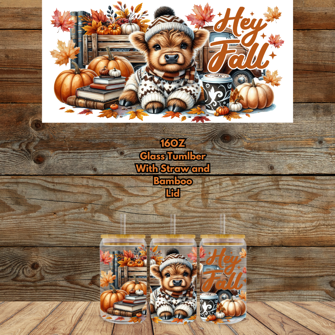 Cozy Highland Cow Fall Glass Can Collection — 16oz (Bamboo Lid + Straw)