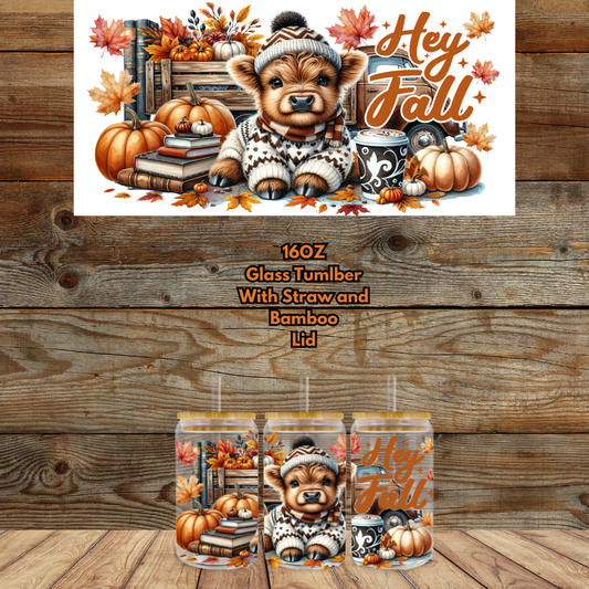 Cozy Highland Cow Fall Glass Can Collection — 16oz (Bamboo Lid + Straw)