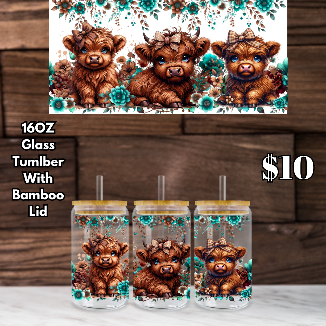 Enchanted Meadow Highland Cow Glass Tumblers