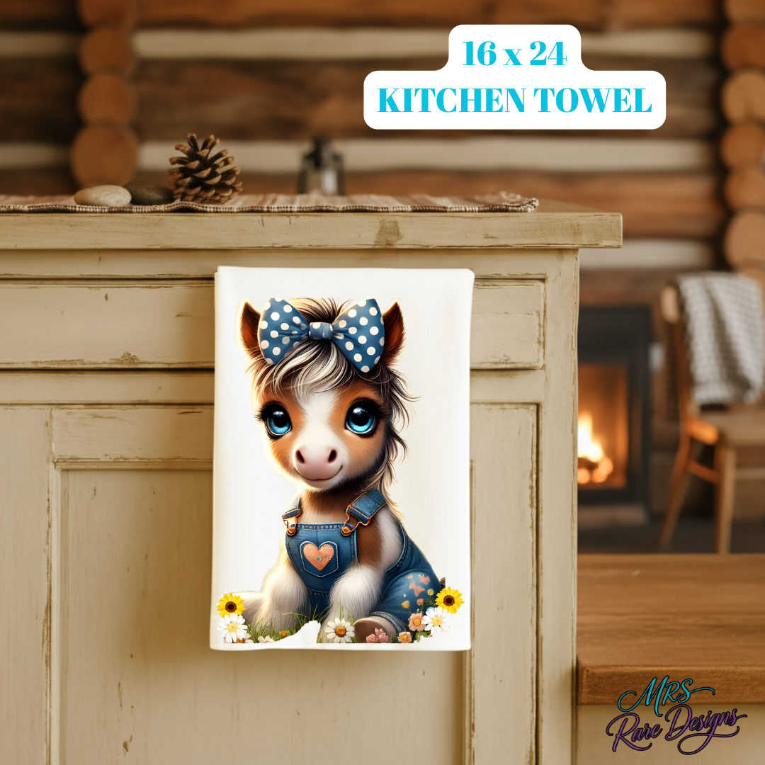 Cute Baby Donkey Kitchen Towel – 16x24 Farmhouse Animal Print Towel with Denim Overalls & Bow