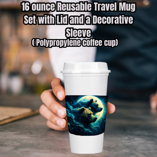 Moonlit Bear Pair 16oz Reusable Travel Mug Set (White or Black) — Cup, Lid + Decorative Sleeve