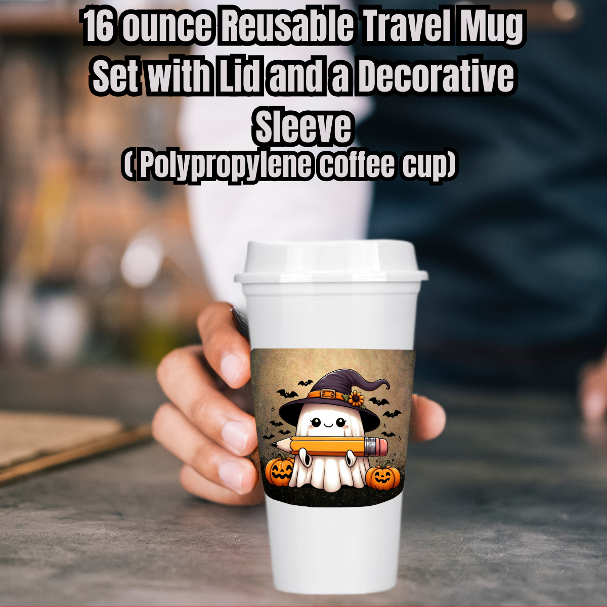 Haunted Harvest Ghost Mug Collection – 16oz Reusable Travel Cups with Decorative Sleeves