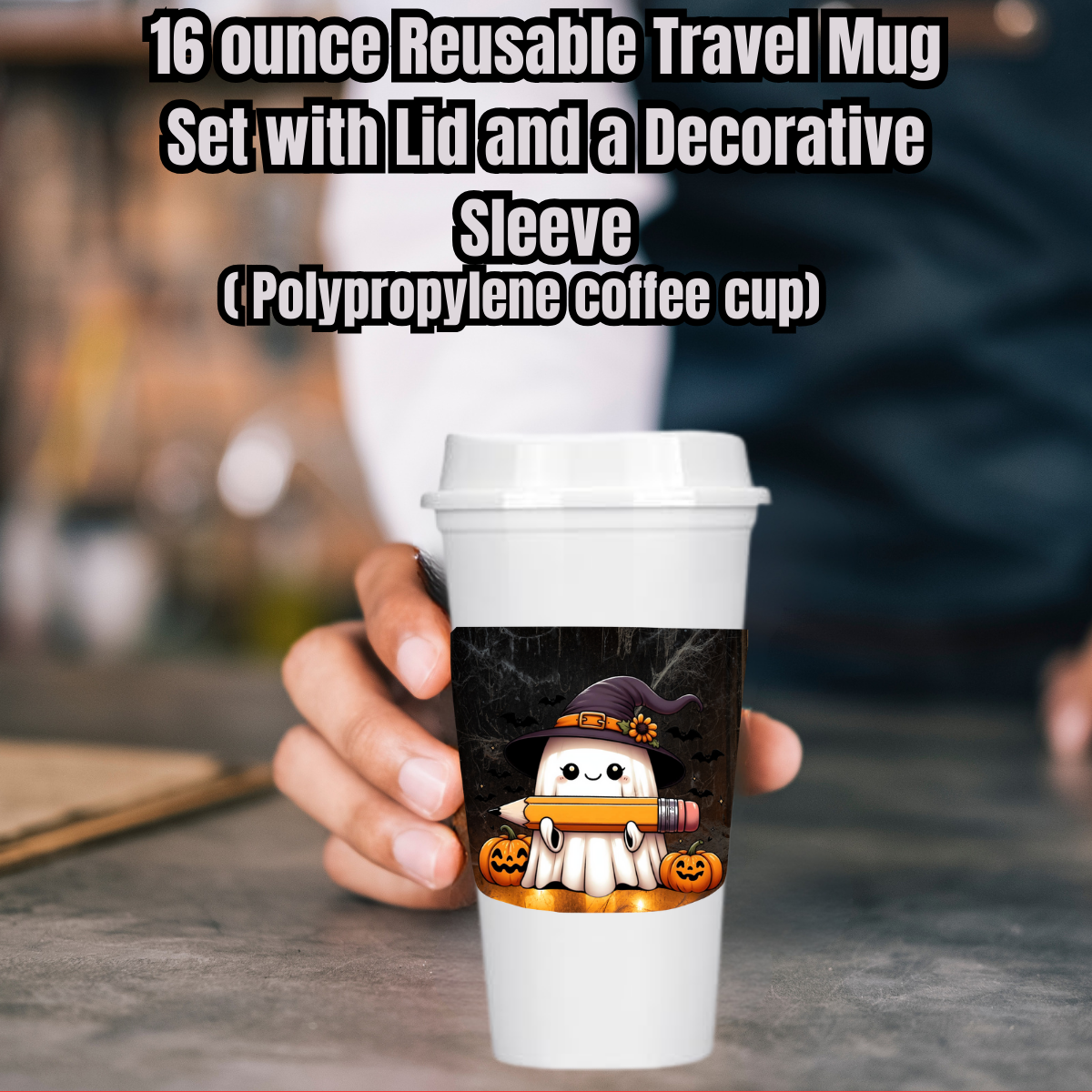 Haunted Harvest Ghost Mug Collection – 16oz Reusable Travel Cups with Decorative Sleeves