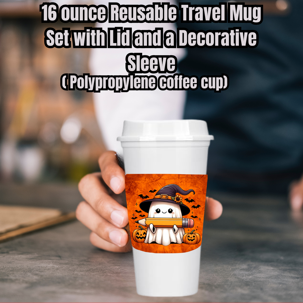 Haunted Harvest Ghost Mug Collection – 16oz Reusable Travel Cups with Decorative Sleeves