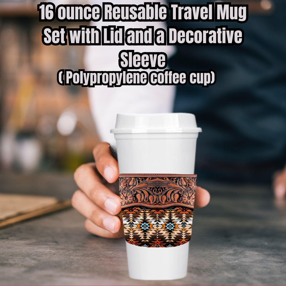 Tooled Leather Aztec 16oz Reusable Travel Mug Set (White or Black) — with Decorative Sleeve