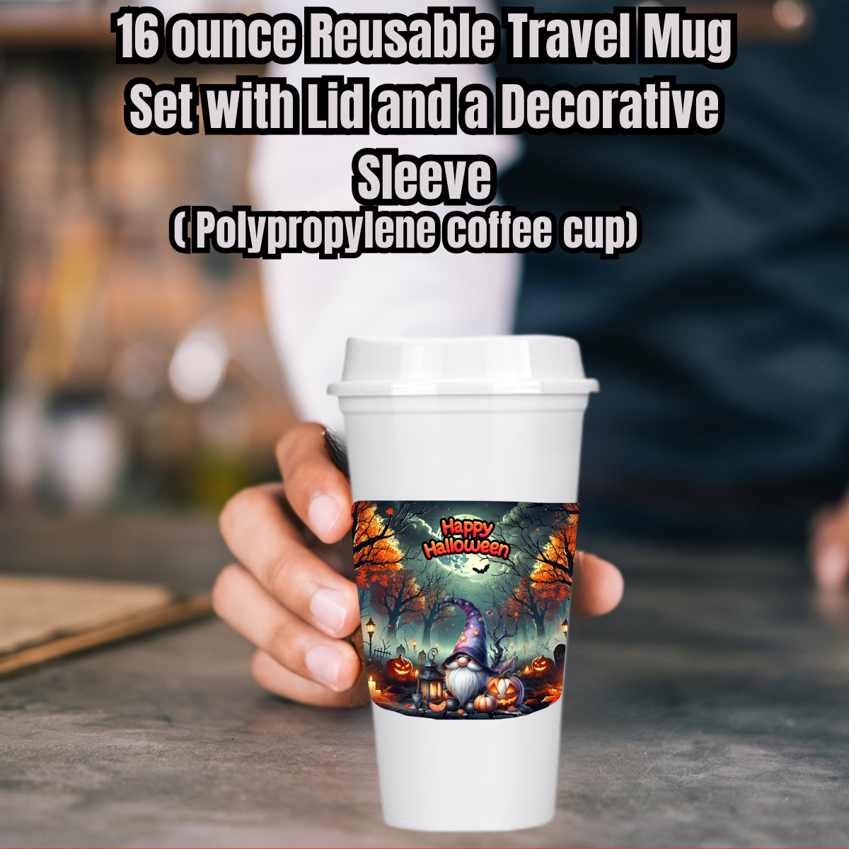 Spooky Sips Gnome 16oz Reusable Travel Mug Set (Cup + Lid + Decorative Sleeve)