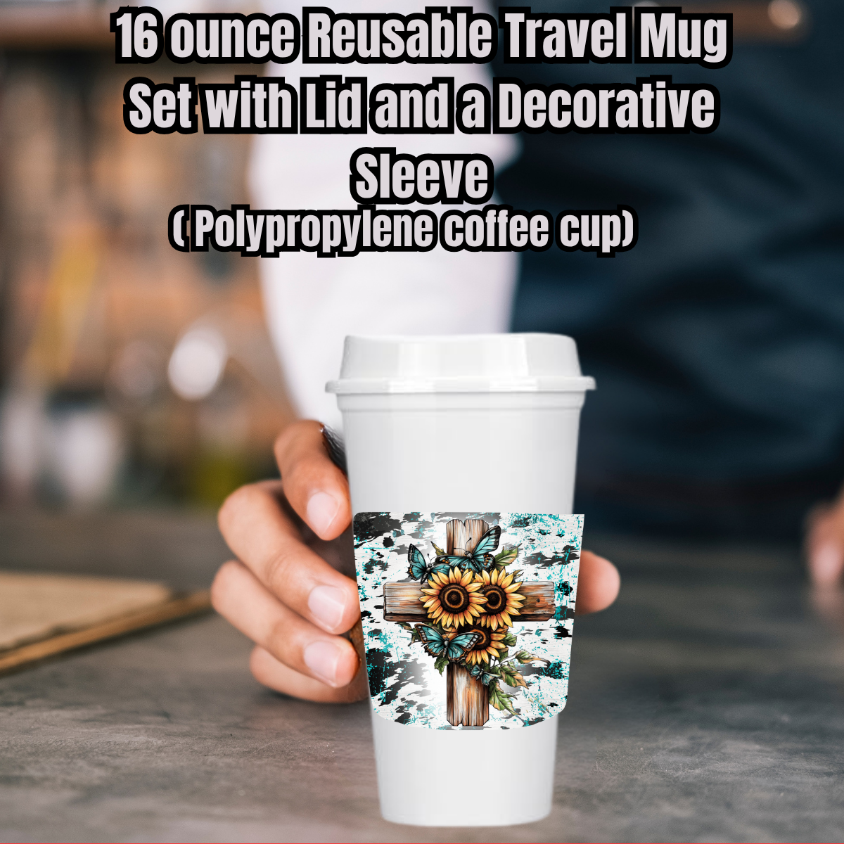 Turquoise Cross Cowhide Splash Travel Mug Set — 16oz Reusable Cup w/ Lid & Decorative Sleeve