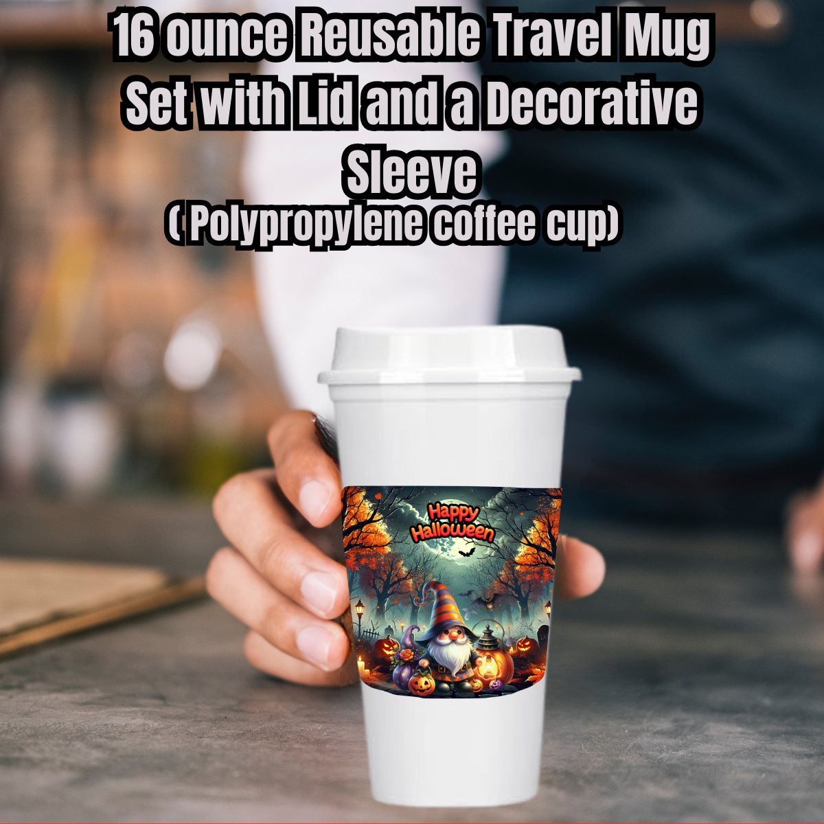 Spooky Sips Gnome 16oz Reusable Travel Mug Set (Cup + Lid + Decorative Sleeve)