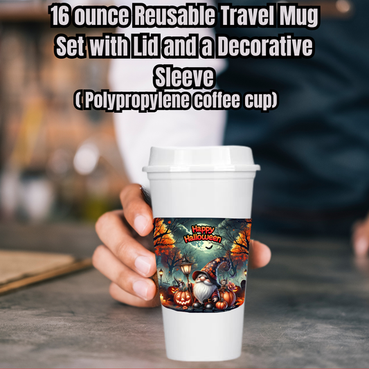 Spooky Sips Gnome 16oz Reusable Travel Mug Set (Cup + Lid + Decorative Sleeve)
