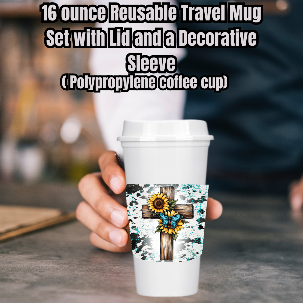 Turquoise Cross Cowhide Splash Travel Mug Set — 16oz Reusable Cup w/ Lid & Decorative Sleeve
