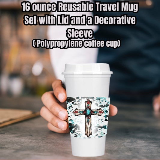Turquoise Cross Cowhide Splash Travel Mug Set — 16oz Reusable Cup w/ Lid & Decorative Sleeve