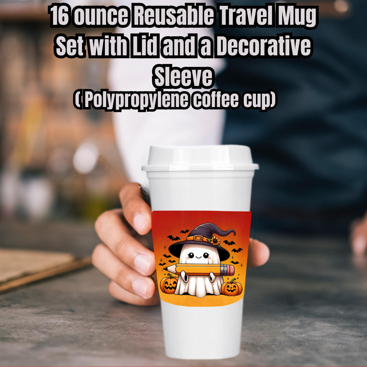 Haunted Harvest Ghost Mug Collection – 16oz Reusable Travel Cups with Decorative Sleeves