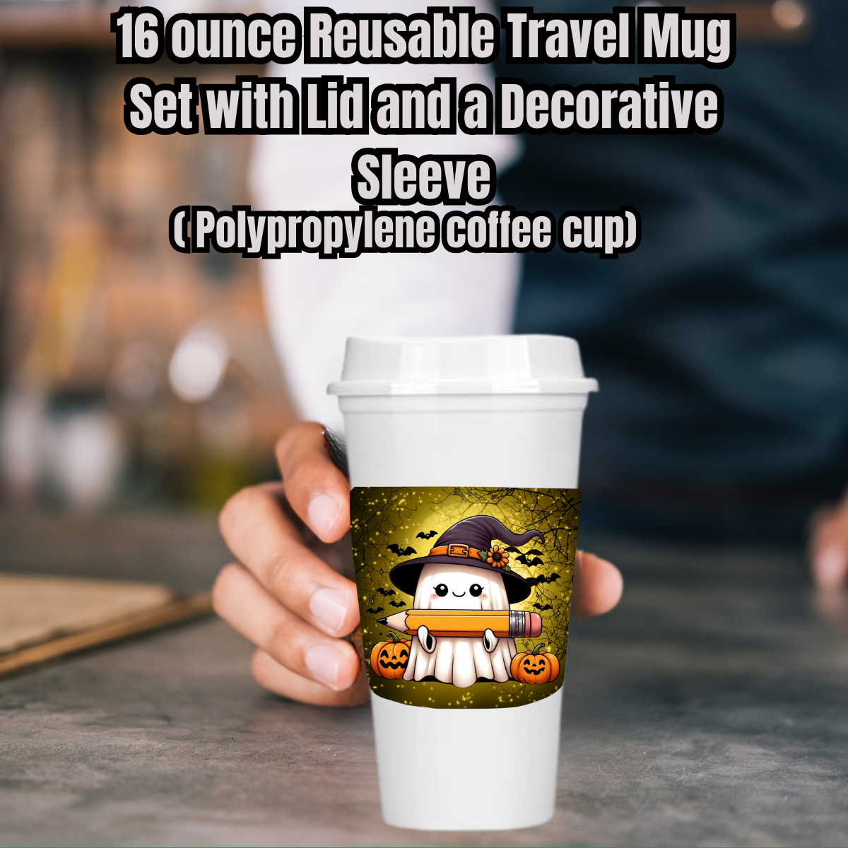 Haunted Harvest Ghost Mug Collection – 16oz Reusable Travel Cups with Decorative Sleeves