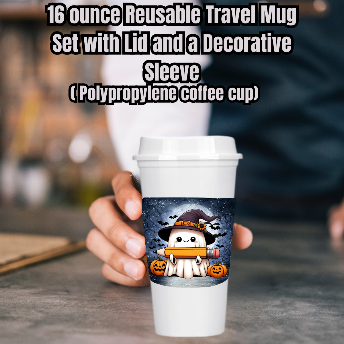 Haunted Harvest Ghost Mug Collection – 16oz Reusable Travel Cups with Decorative Sleeves