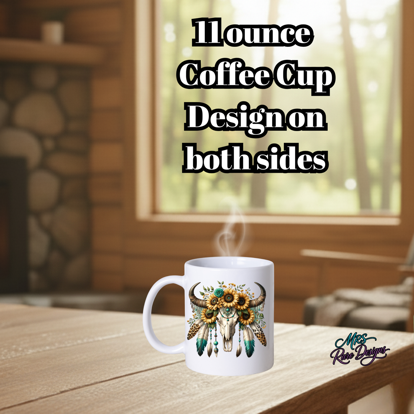 Boho Bull Skull Coffee Mug – 11oz Ceramic Cup with Sunflower & Feather Western Design (Printed on Both Sides)