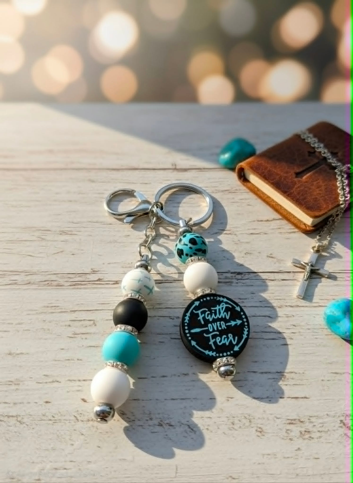 Courage in Teal Faith Over Fear Beaded Keychain