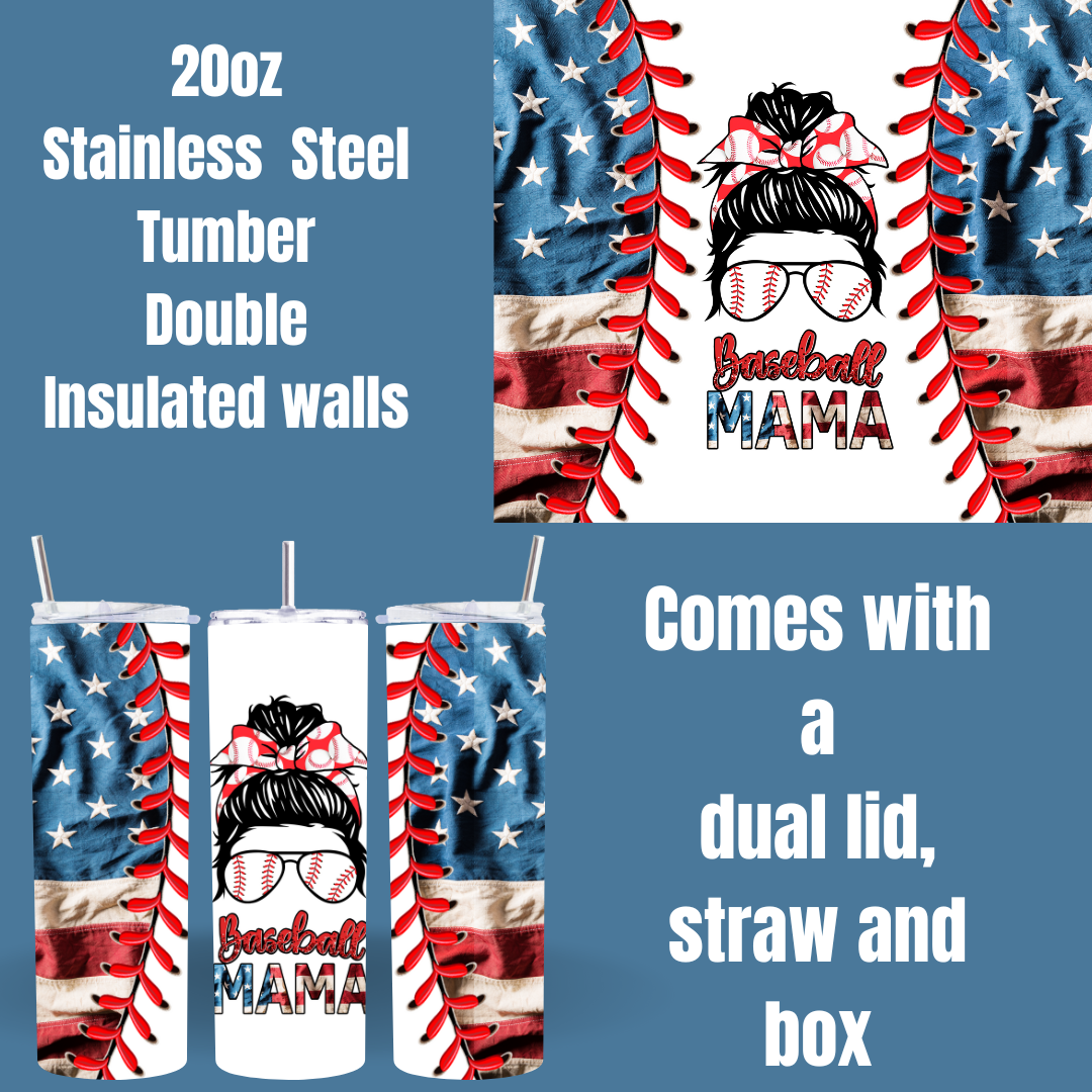Patriotic Baseball Mama Tumbler – 20oz