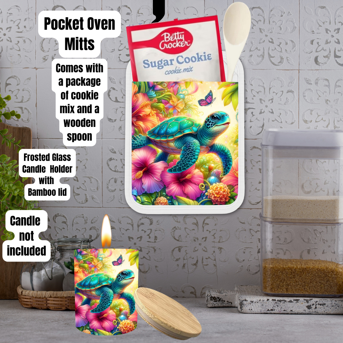 Vibrant Sea Turtle Tropical Kitchen Gift Set – Pocket Oven Mitt & Candle Holder Bundle
