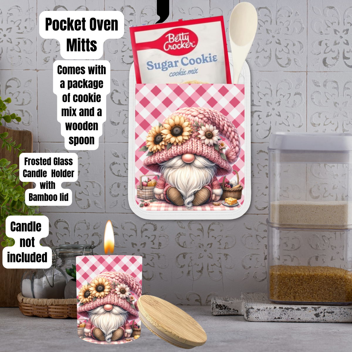 Pink Gingham Gnome Cottage Kitchen Gift Set (Individual or Full Bundle)