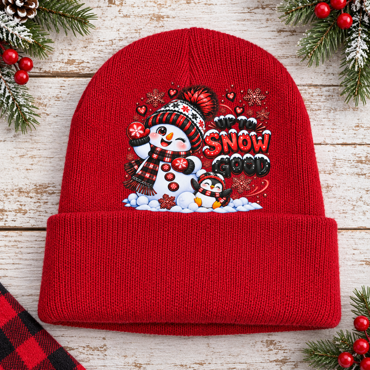 Up to Snow Good Red Kids’ Snowman & Penguin Beanie