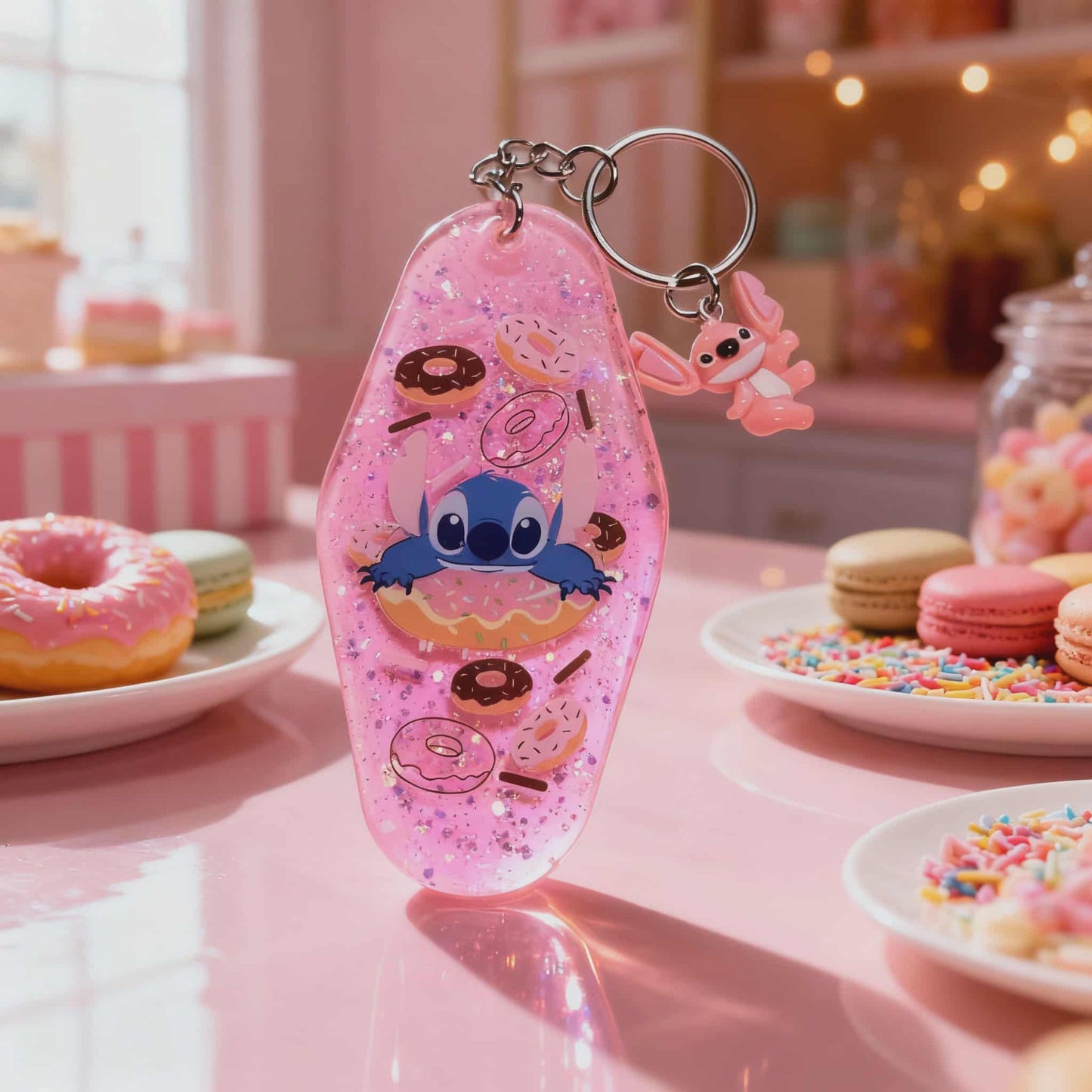 đ© Pink Donut Stitch Resin Keychain â Handmade Glitter Charm with UVDTF Design đ©