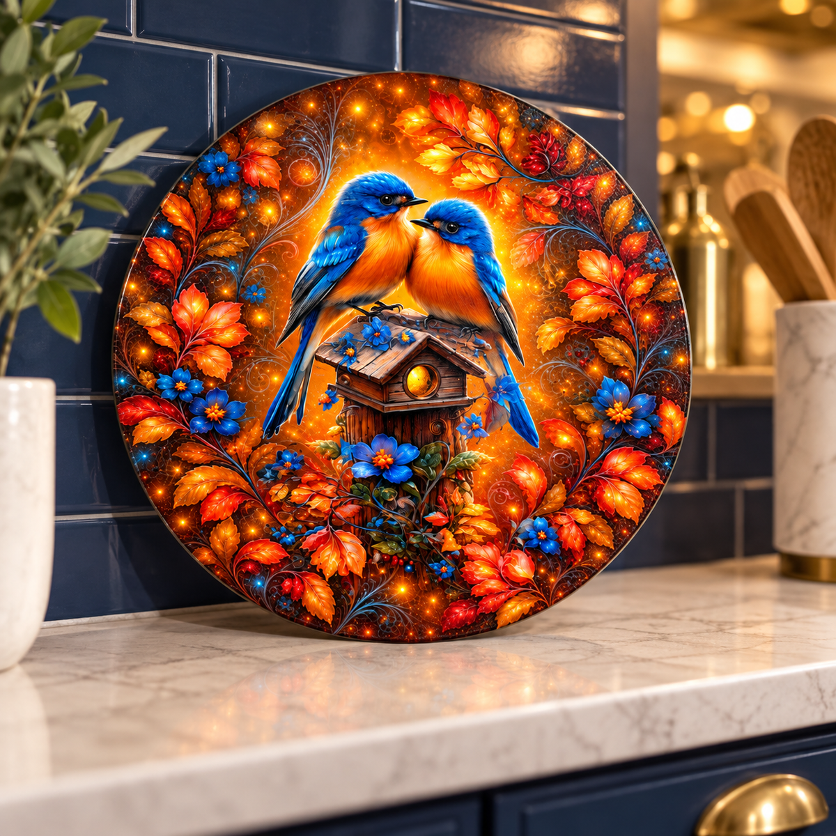 Amber Garden Bluebirds Round Glass Cutting Board – 9 Inch