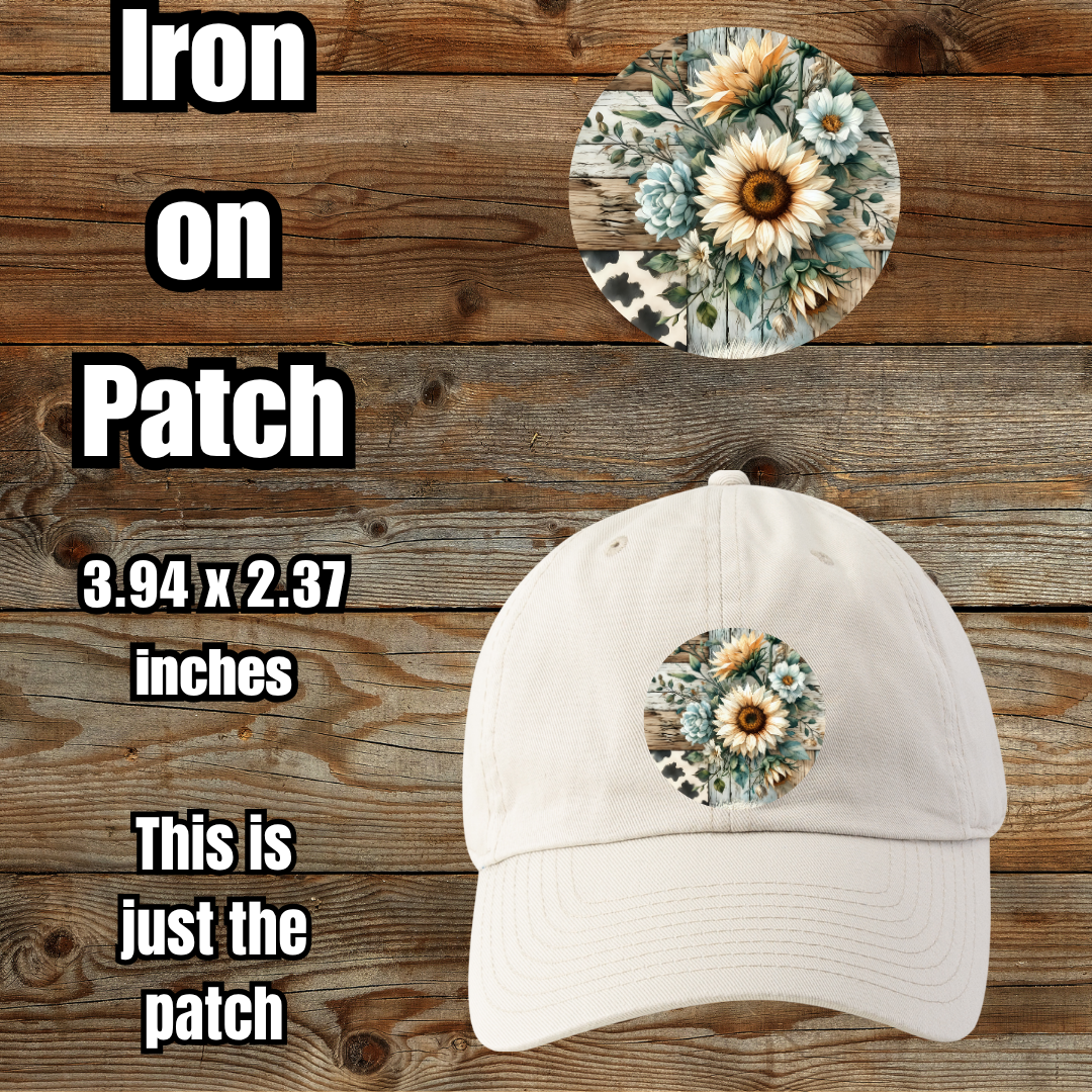 Rustic Sunflower Patchwork Iron-On Patch — 3.94″ × 2.37″ (Rectangle, Rounded Rectangle, or Circle)