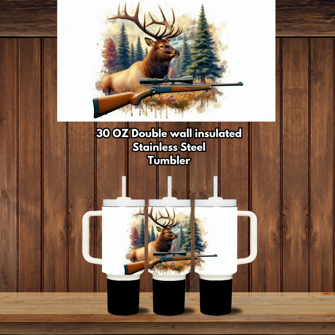 Elk Hunter 30oz Handled Tumbler — Double-Wall Insulated Stainless Steel (Lid + Straw)