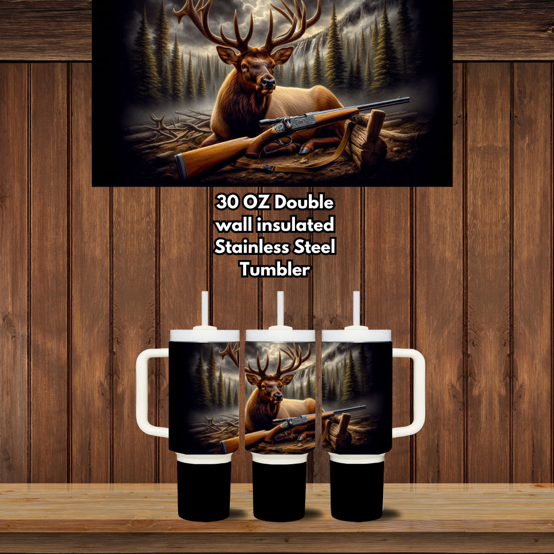 Elk Hunter 30oz Handled Tumbler — Double-Wall Insulated Stainless Steel (Lid + Straw)