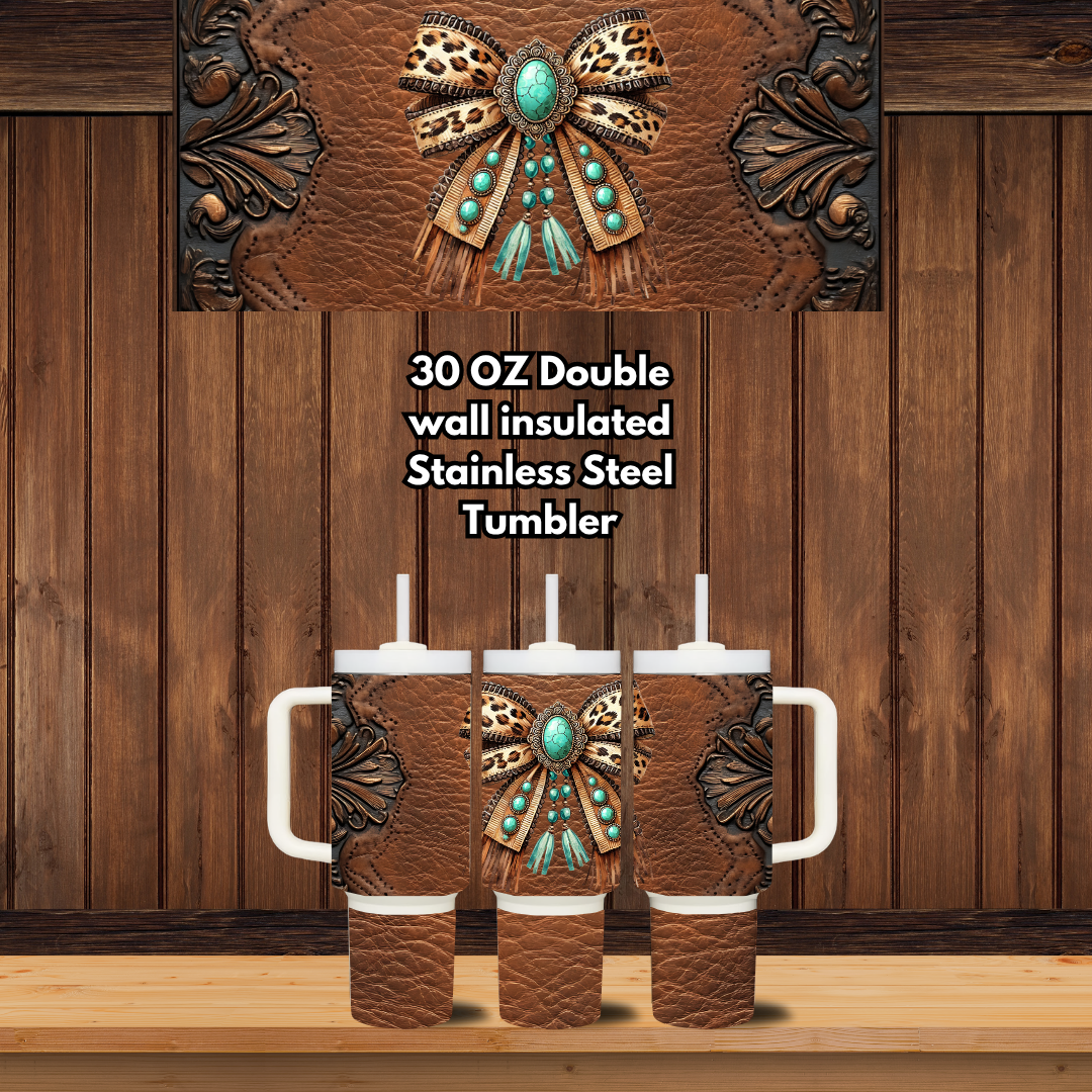 Turquoise Concho Bow — Tooled Leather 30oz Western Handled Tumblers
