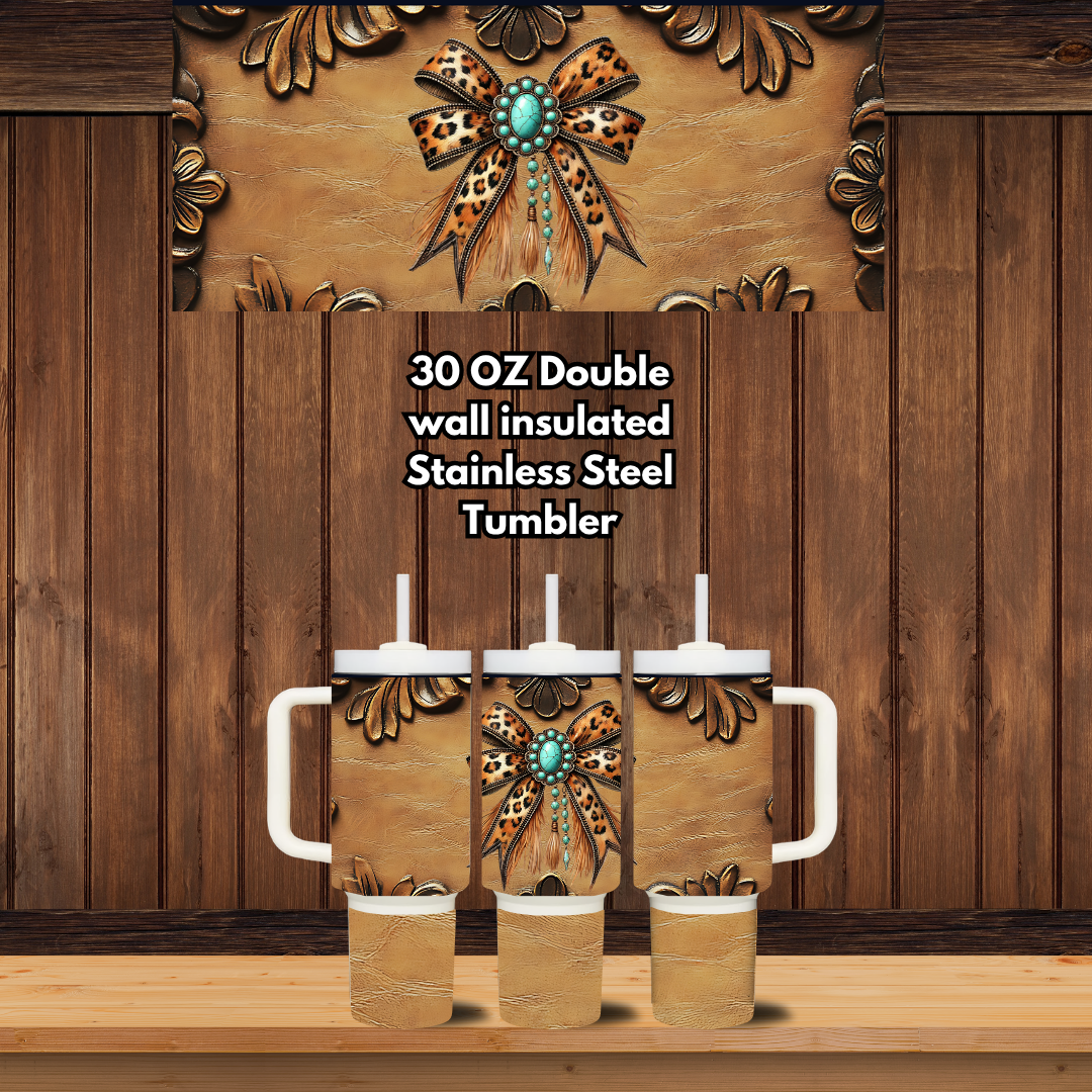 Turquoise Concho Bow — Tooled Leather 30oz Western Handled Tumblers