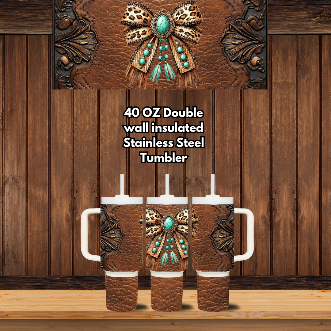 Turquoise Concho Bow — Tooled Leather Western Handled Tumblers - 40oz