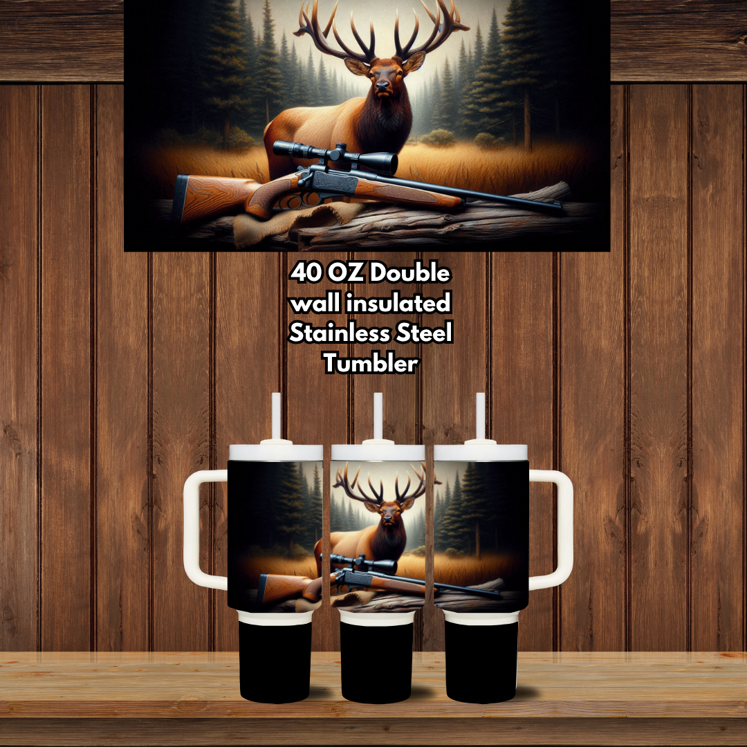Elk Hunter 40oz Handled Tumbler — Double-Wall Insulated Stainless Steel (Lid + Straw)