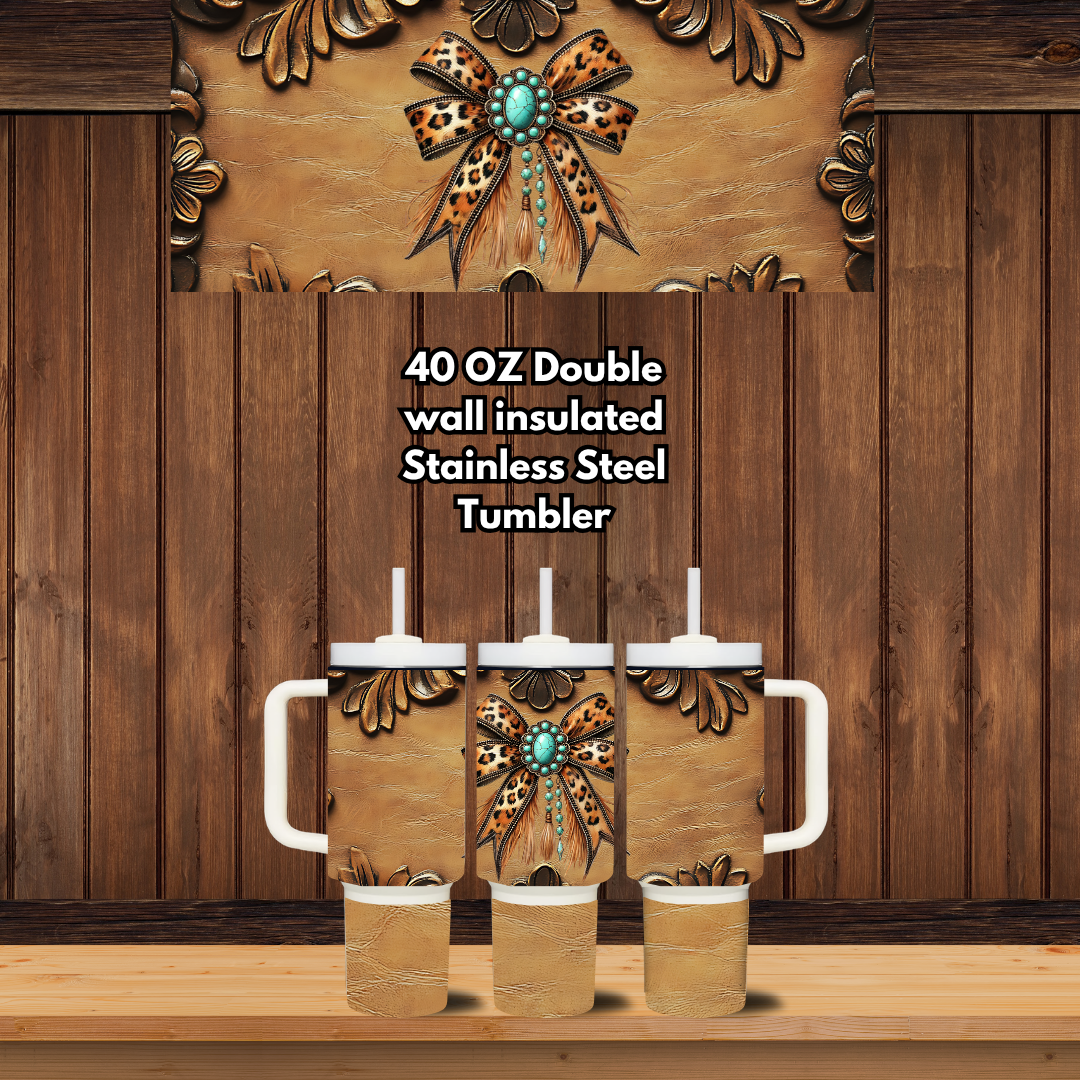Turquoise Concho Bow — Tooled Leather Western Handled Tumblers - 40oz
