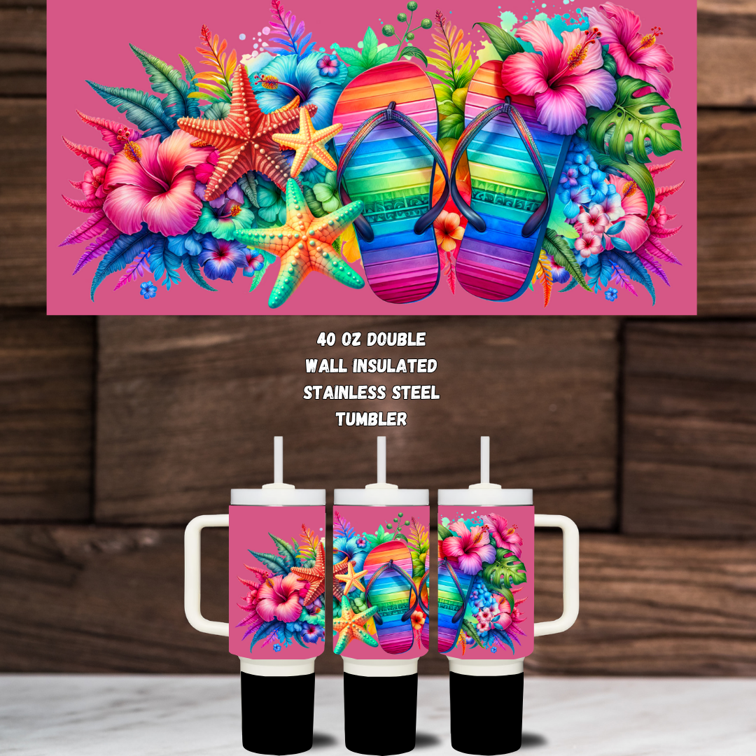 πΊ "Island Vibes Trio" 40 oz Tumbler Set β Rainbow Flip Flops & Tropical Blooms