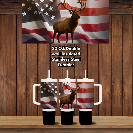Patriotic Elk 30oz Handled Stainless Steel Tumbler — Double-Wall, Lid & Straw