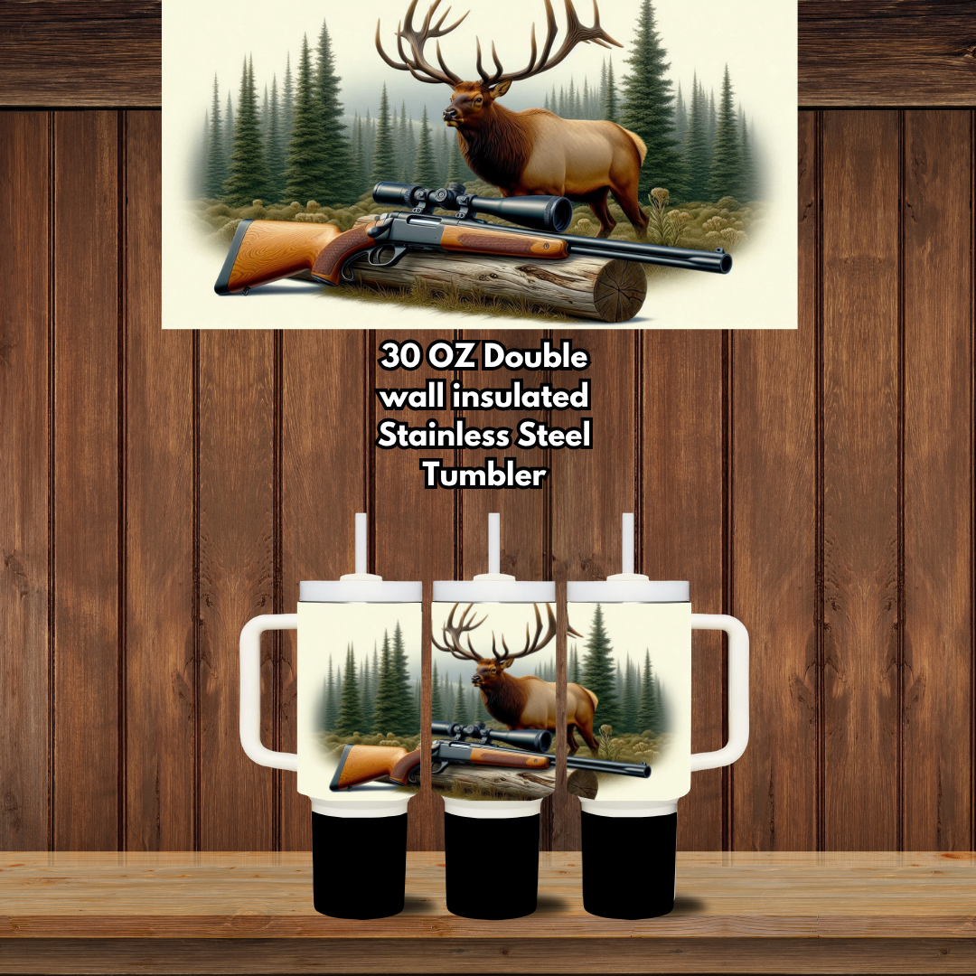 Elk Hunter 30oz Handled Tumbler — Double-Wall Insulated Stainless Steel (Lid + Straw)