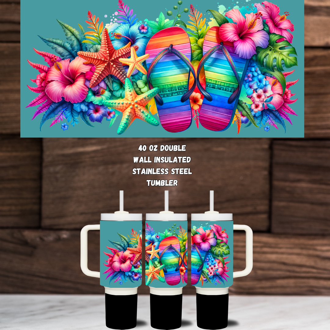 πΊ "Island Vibes Trio" 40 oz Tumbler Set β Rainbow Flip Flops & Tropical Blooms