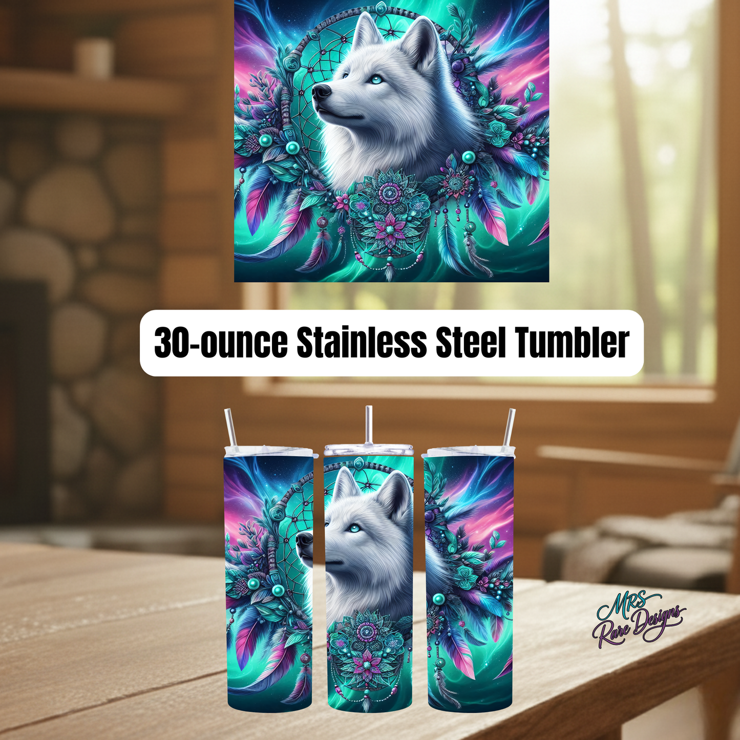 Celestial Arctic Wolf Dreamcatcher 30oz Stainless Steel Tumbler