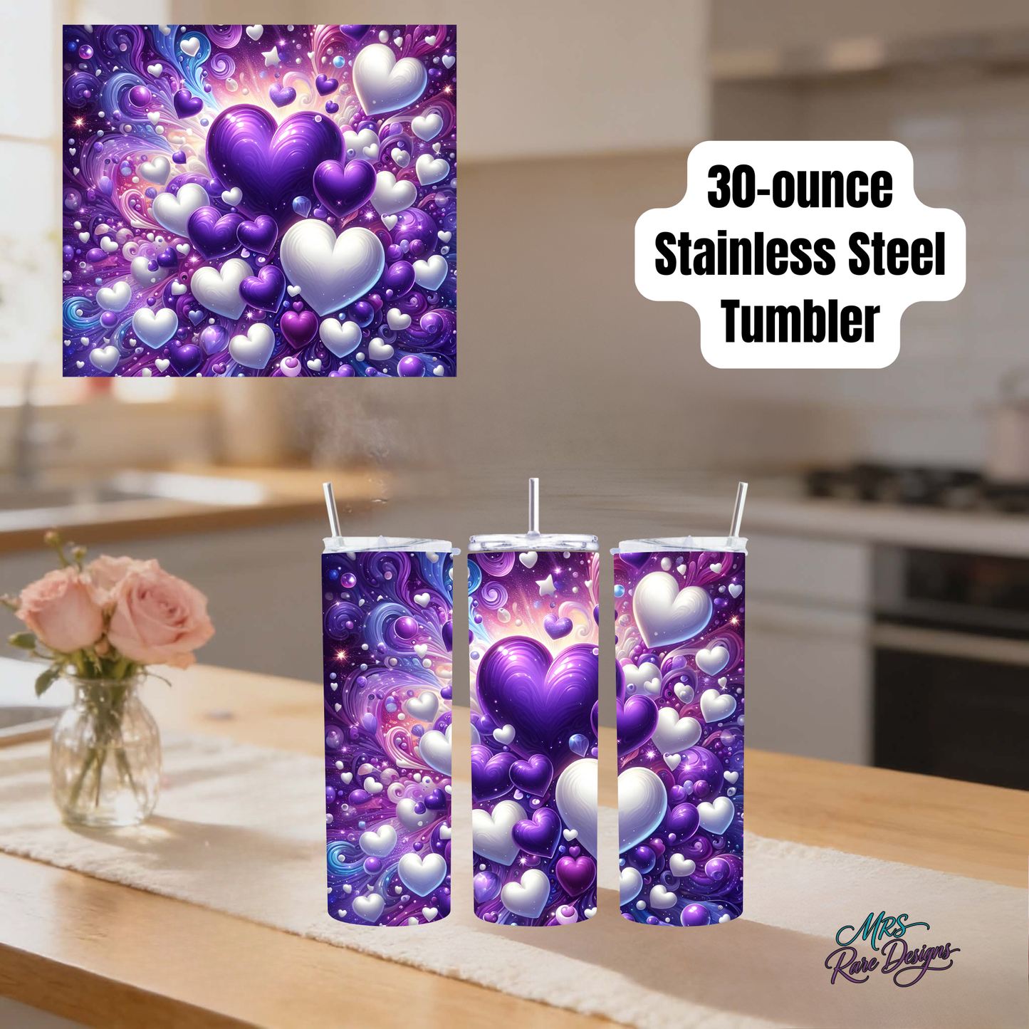 Eternal Love 30oz Stainless Steel Tumbler – Purple Galaxy Hearts Edition