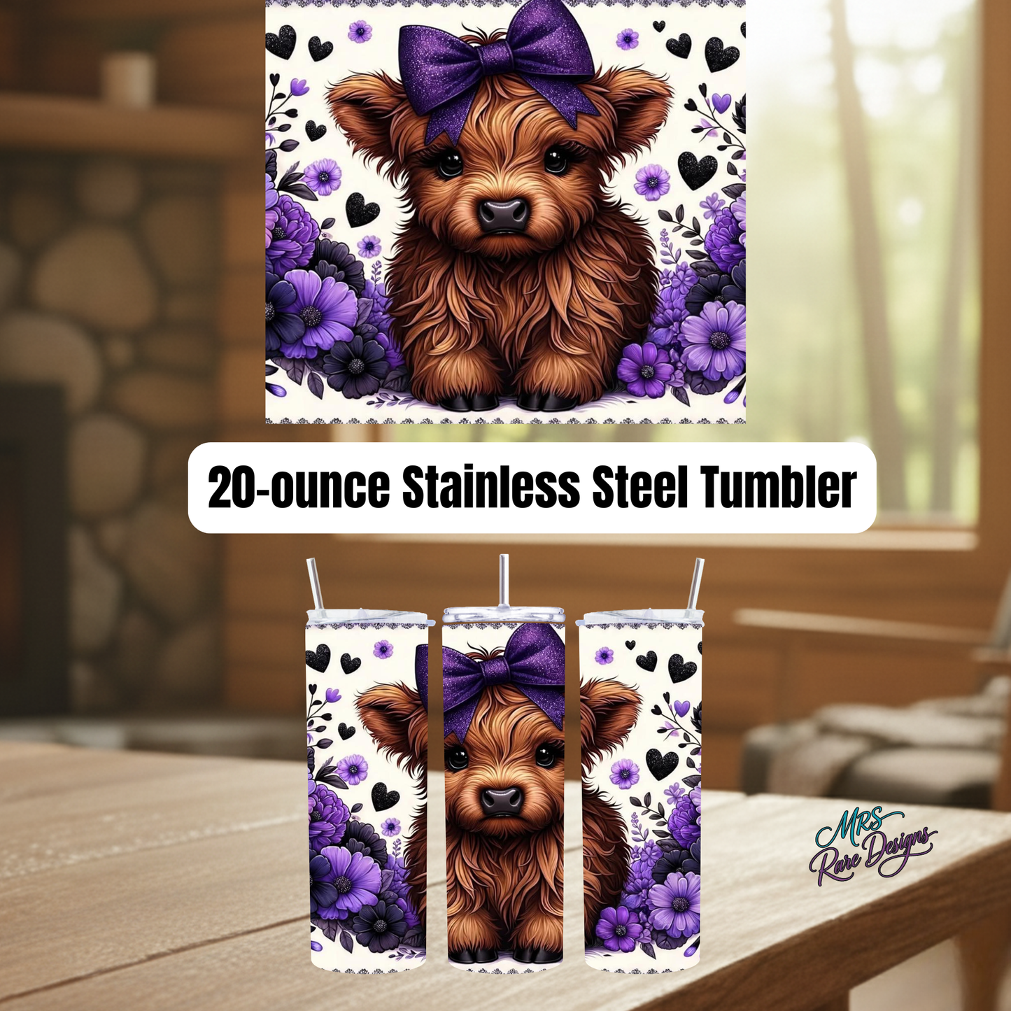 Highland Cow Floral 20oz Stainless Steel Tumbler Collection – Blue, Teal, Dark Pink, Lavender & Light Pink Farmhouse Style Gift