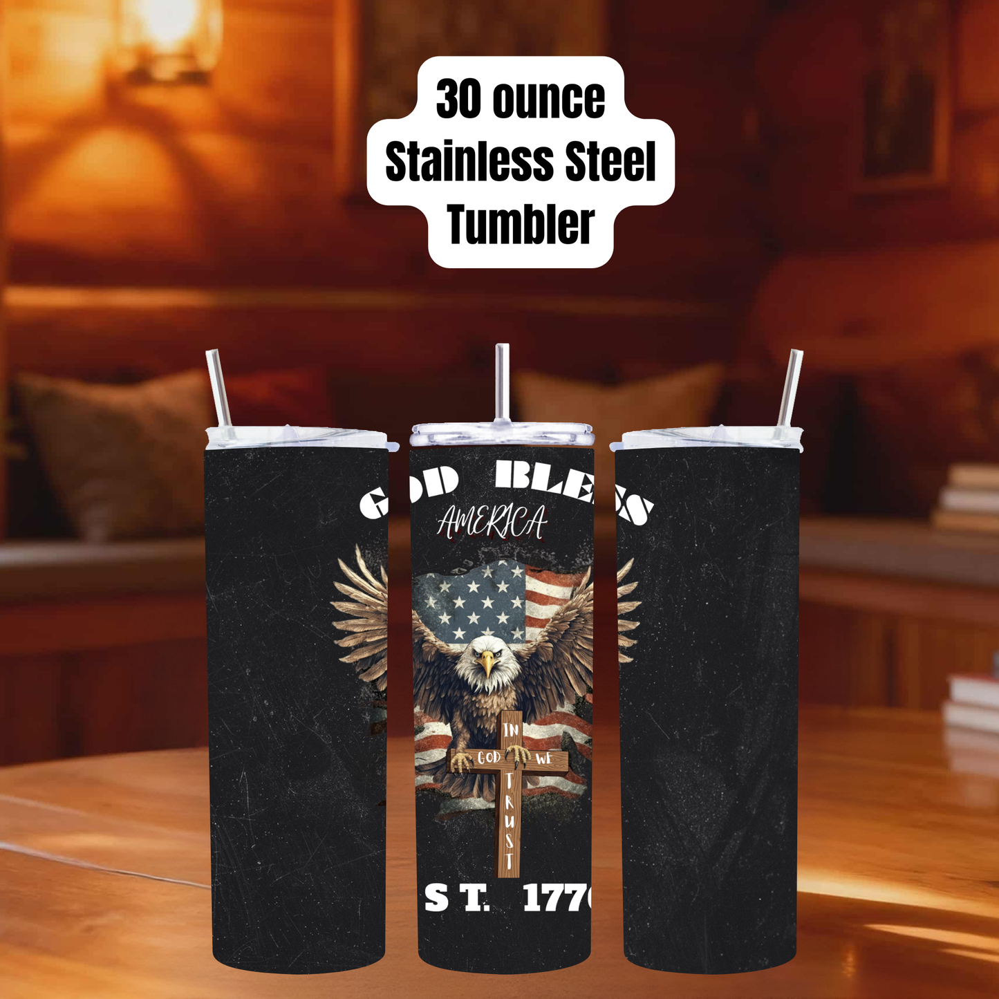 God Bless America 30oz Stainless Steel Tumbler – Bald Eagle & Cross Design