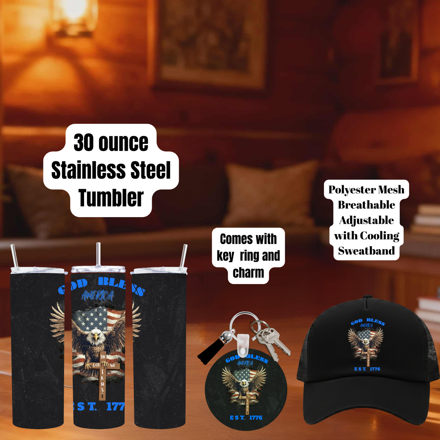 God Bless America Patriotic Bundle – Tumbler, Keychain & Trucker Hat Set (Save $3)