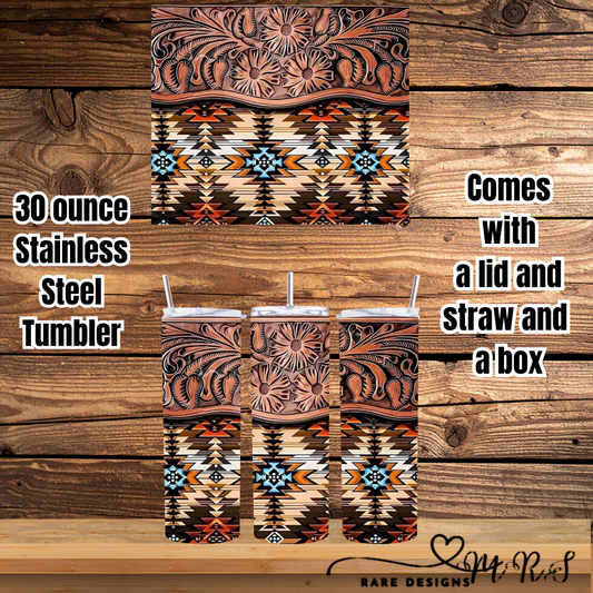 High Desert Tooled Leather Aztec – 30oz Western Skinny Tumbler