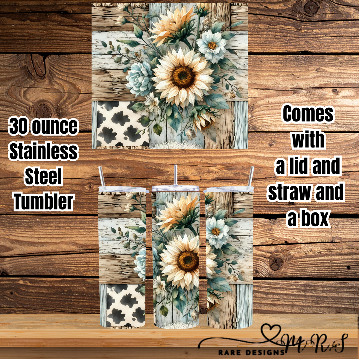 Rustic Sunflower Patchwork 30oz Stainless Steel Tumbler — Lid, Straw & Gift Box