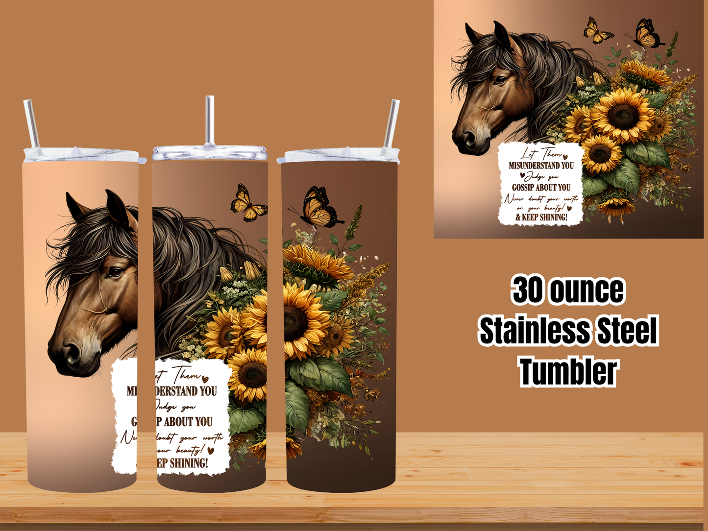 Golden Spirit Horse & Sunflower Stainless Steel Tumbler – 30oz
