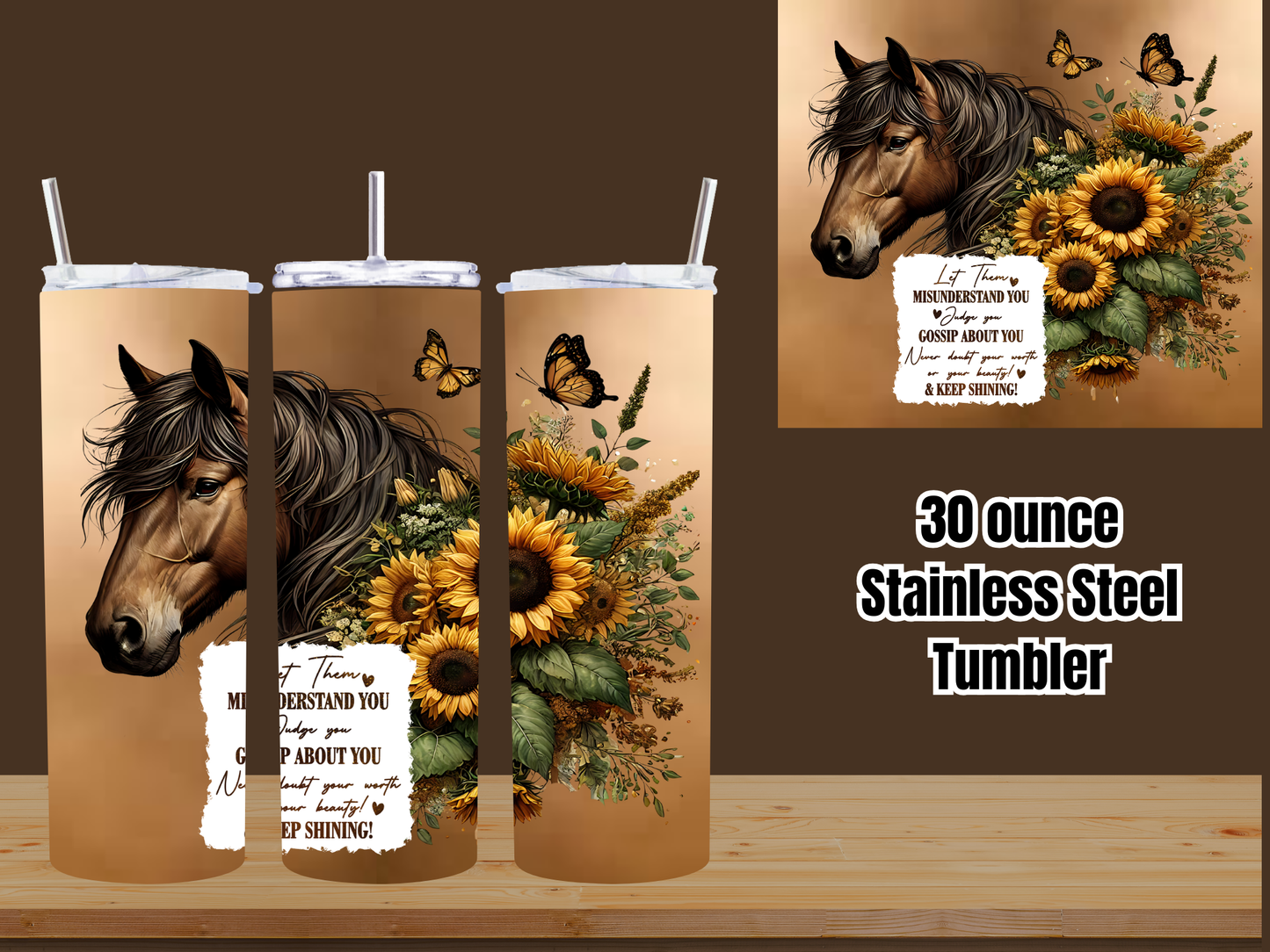 Golden Spirit Horse & Sunflower Stainless Steel Tumbler – 30oz