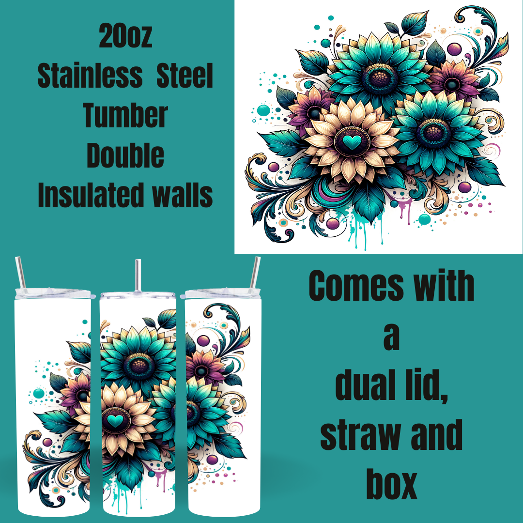 Boho Bloom 20oz Tumbler – Teal Sunflower Splash