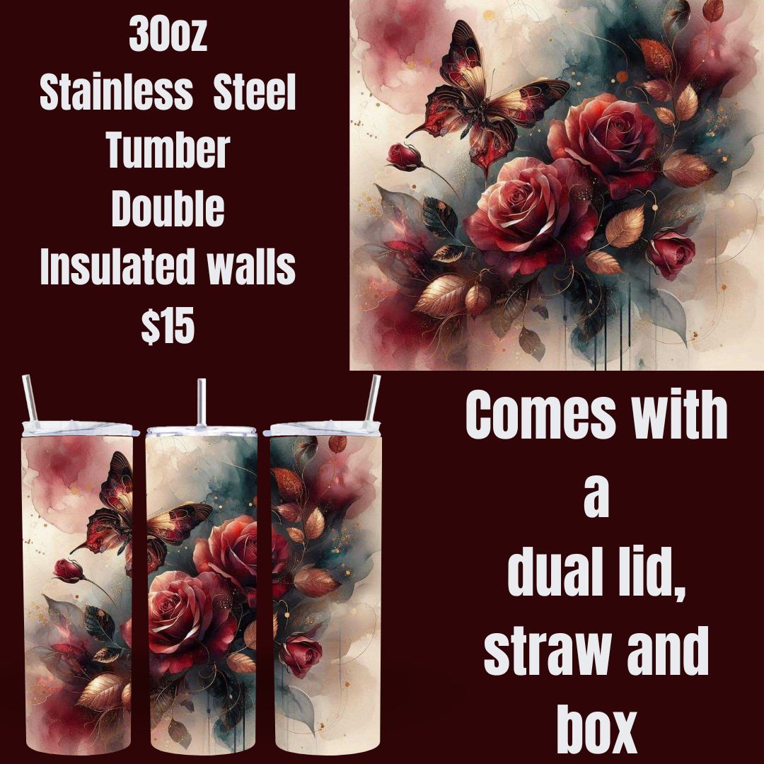 Elegant Roses and Butterflies Tumbler - 30oz Stainless Steel