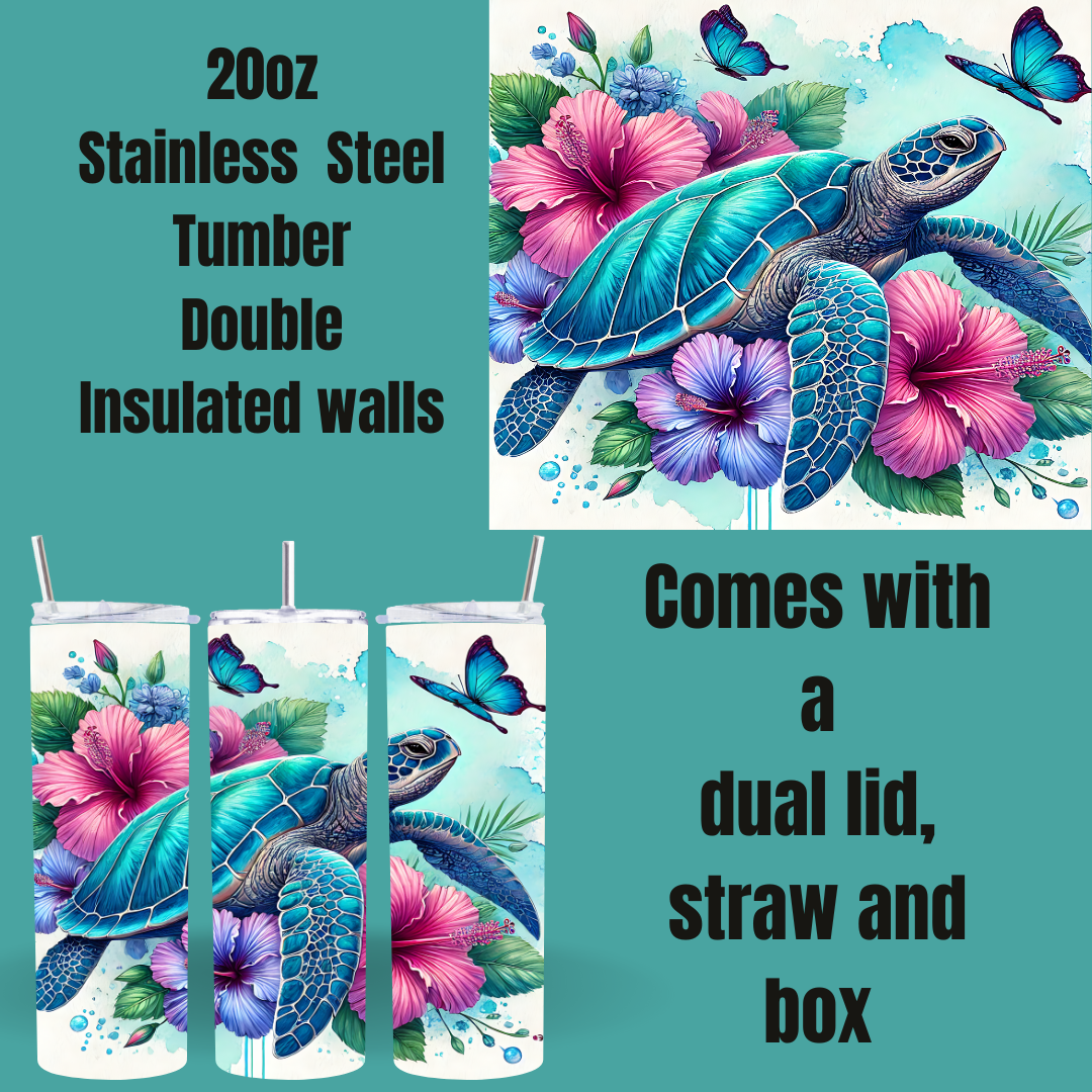 Island Drift 20oz Tumbler – Sea Turtle & Hibiscus Design